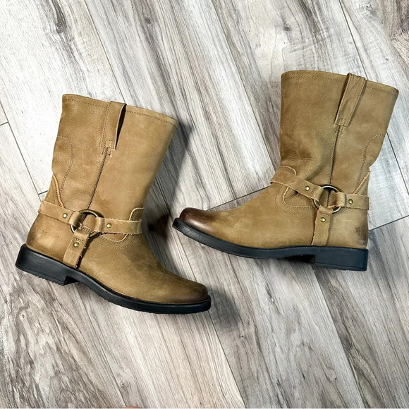 Frye Harness Pull On Dark Tan Leather Short Boots - Picture 2 of 10